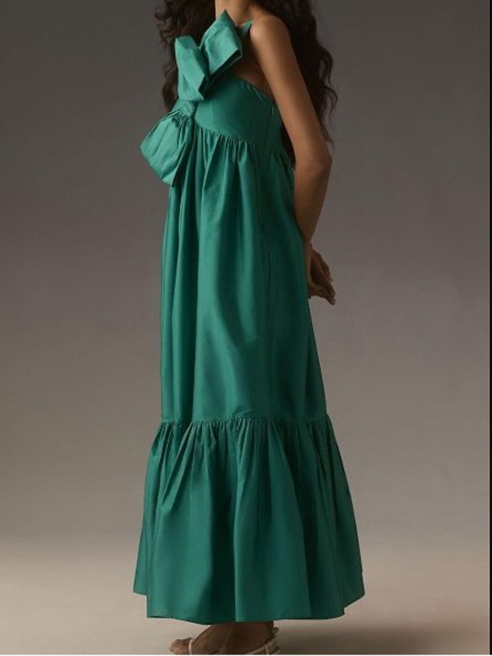 Anthropologie Emerald Green One-Shoulder Ruffle Maxi Dress